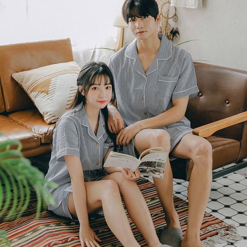 버블돌 커플용 홈웨어 지지미 줄무늬 반팔 투피스 잠옷 상하의 세트