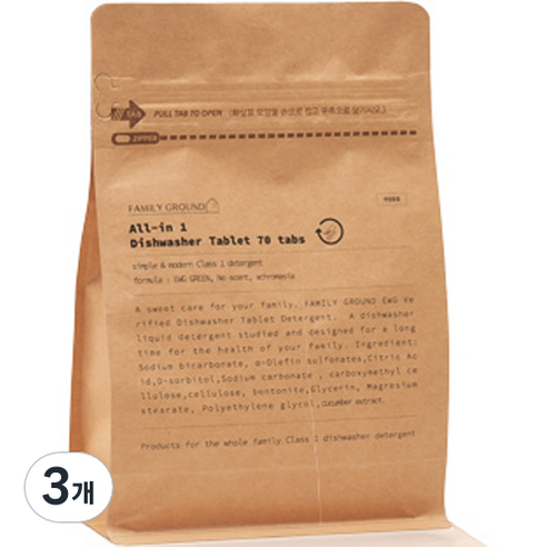 패밀리그라운드 올인원 식품첨가물 1종 타블렛 식기세척기세제 70p, 280g, 3개