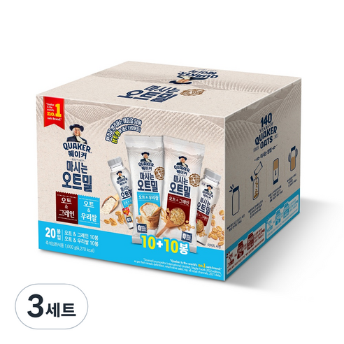 퀘이커 마시는 오트밀 그레인 10p + 우리쌀 10p, 1kg, 3세트