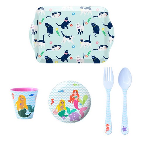 진저 유아 디자인 식기 트레이 접시 5p 세트, 인어공주, 쟁반 + 포크 + 숟가락 + 유아컵 + 접시