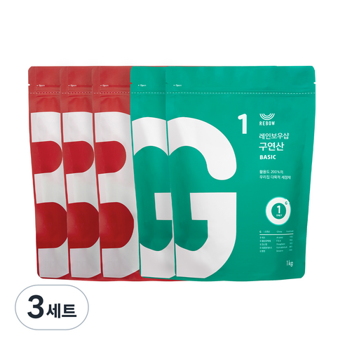 레인보우샵 베이킹소다 베이직 1kg x 3p + 구연산 베이직 1kg x 2p 리필 파우치 타입 세트, 3세트