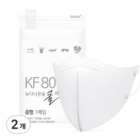 다나마스크 뉴다나온숨 쿨 새부리형 마스크 중형 KF80, 50개입, 2개, 흰색