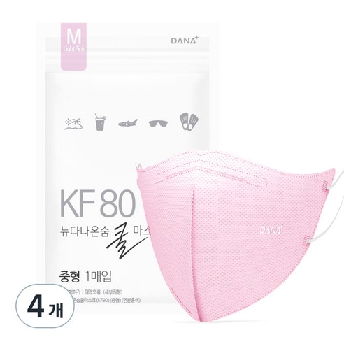 다나마스크 뉴 다나온숨 쿨마스크 새부리형 중형 KF80, 50개입, 4개, 연분홍색