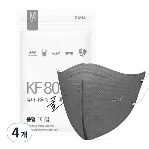 다나마스크 뉴 다나온숨 쿨마스크 새부리형 중형 KF80, 50개입, 4개, 회색