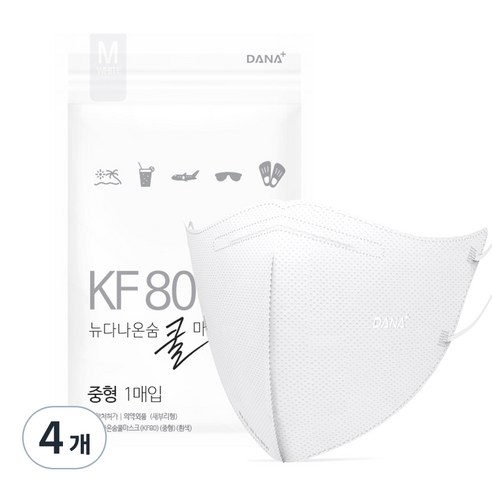 다나마스크 뉴다나온숨 쿨 새부리형 마스크 중형 KF80, 50개입, 4개, 흰색