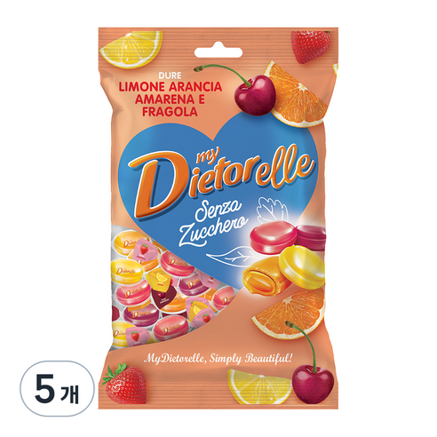 디에토렐레 무설탕 캔디 후르츠 레몬 + 딸기 + 오렌지 + 체리, 140g, 5개