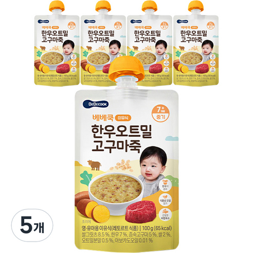 베베쿡 실온 이유식 중기, 한우 + 오트밀 + 고구마 혼합맛, 100g, 5개