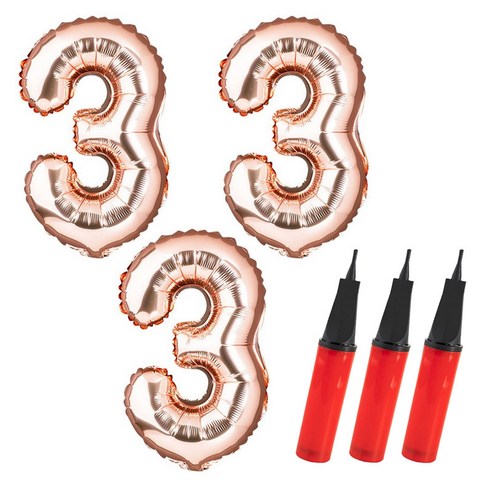 파티팡 숫자 은박풍선 3 대 + 손펌프 세트, 풍선(로즈골드), 펌프(랜덤 발송), 3세트