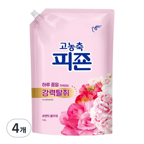 피죤 고농축 강력탈취 섬유유연제 로맨틱플라워 리필, 1.6L, 4개