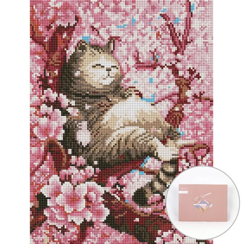 아트조이 DIY 보석십자수 세트 캔버스형 30 x 40 cm, 벚꽃과 고양이, 1세트