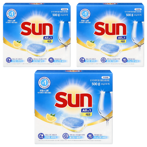 유니레버 썬 식기세척기용 타블렛 세제 레몬 50개입, 500g, 3개