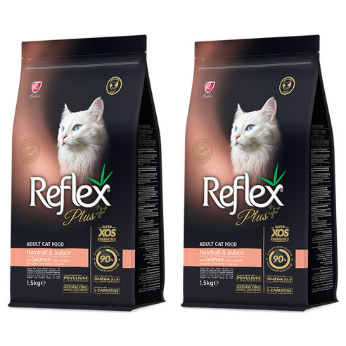 Reflex 어덜트 고양이 플러스 안티헤어볼 건식사료, 연어, 1.5kg, 2개