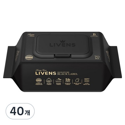 리벤스 유아용 시그니처 블랙라벨 도톰한 물티슈 캡형, 40개, 70매, 70g
