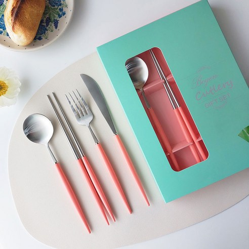 보겐 에펠 양식 1인 커트러리 선물세트, 실버 + 코랄, 디너스푼 1p + 젓가락 1p + 포크1p + 나이프1p + 선물박스