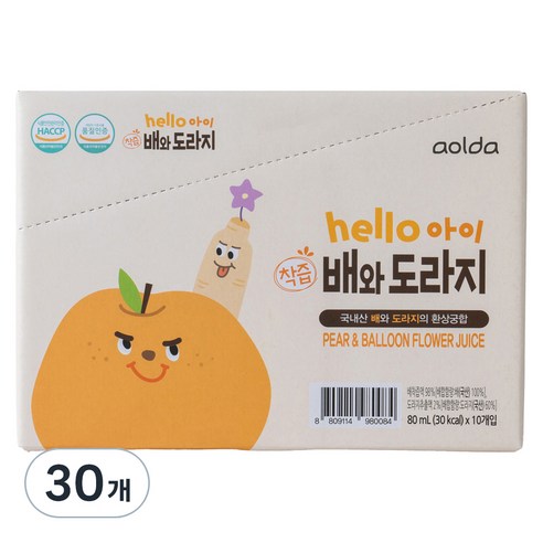 아올다 헬로아이 착즙 배와도라지, 80ml, 30개, 혼합맛(배/도라지)