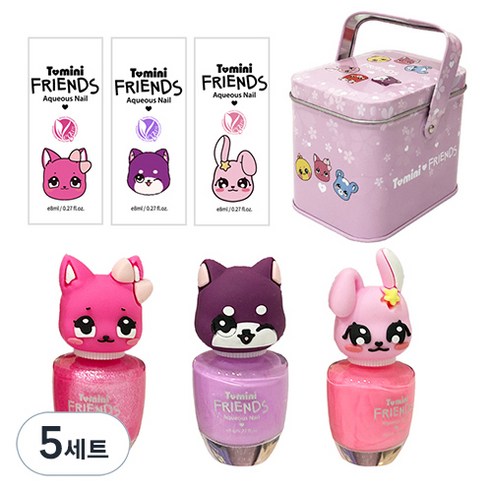 투미니 프렌즈 수성 어린이 매니큐어 고양이 + 토끼 + 강아지 + 틴케이스, 5개, 트윙클핑크 + 피치핑크 + 라벤더