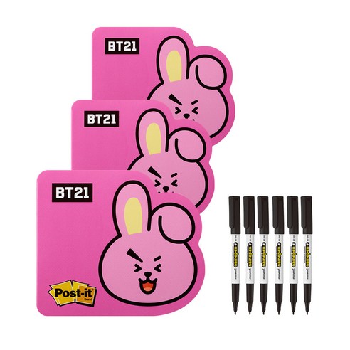 쓰리엠 포스트잇 점착용 모양 노트 654-BT21 3p + 네임펜 F 6p 세트, 쿠키(노트), 블랙(네임펜), 1세트