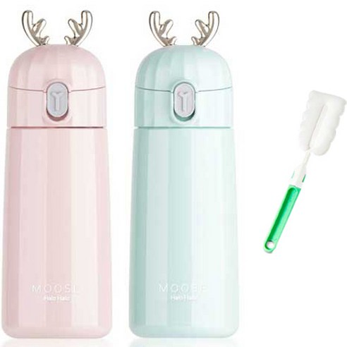 푸코 무스 원터치 보온보냉 텀블러 270ml x 2p + 세척솔 세트, 핑크, 민트(텀블러), 랜덤발송(세척솔), 1개