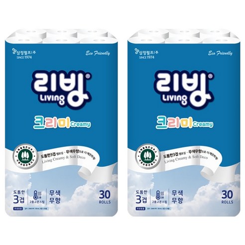 리빙티슈 3겹 크리미 롤화장지 25m, 30롤, 2개
