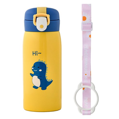 코코메이트 보온 보냉 공룡 텀블러 + 스트랩 세트, 옐로우 + 랜덤 발송, 350ml, 1세트