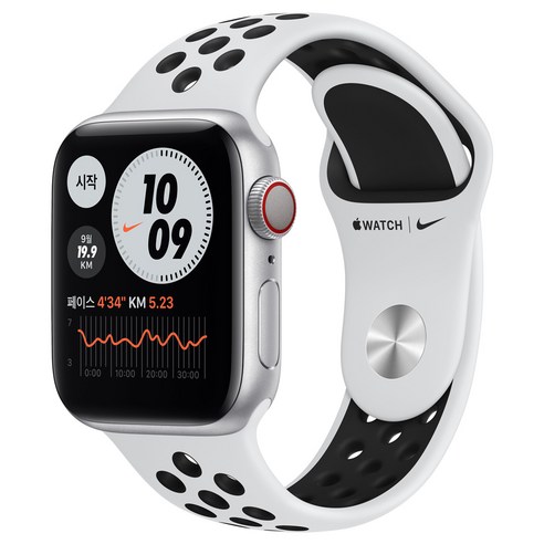 Apple 워치 6 Nike, 실버 알루미늄 케이스, 퓨어플래티넘 + 블랙 스포츠밴드, 40mm, GPS+Cellular