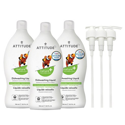 에티튜드 천연 주방세제 그린애플앤바질향, 700ml, 3개