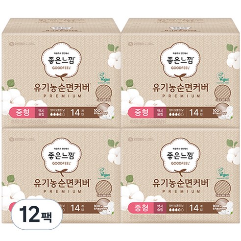 좋은느낌 유기농 순면커버 프리미엄 슬림 중형 생리대 날개형, 14개입, 12팩