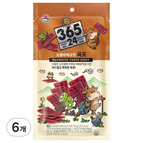 해표 365 24 숯불 바베큐맛 육포, 70g, 6개