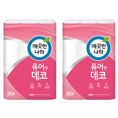 깨끗한나라 3겹 천연펄프 퓨어앤데코 고급롤화장지, 30m, 30롤, 2개
