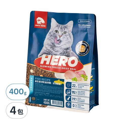 HeroMAMA 寵物食品 寵物罐頭 貓糧 貓飼料 益生菌凍乾晶球糧(全齡)- 深海鮭魚 400g