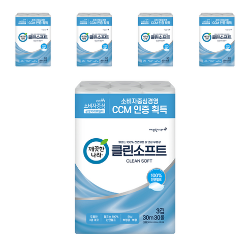 깨끗한나라 클린소프트 천연펄프 3겹 고급롤화장지, 30m, 30개입, 5개