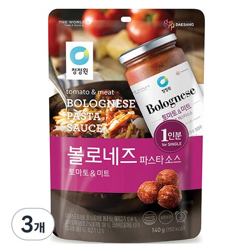 청정원 싱글 파우치 볼로네즈 토마토 파스타소스, 3개, 140g