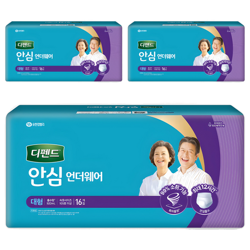 디펜드 남녀공용 안심 언더웨어 성인기저귀, 대형, 16개입, 3개