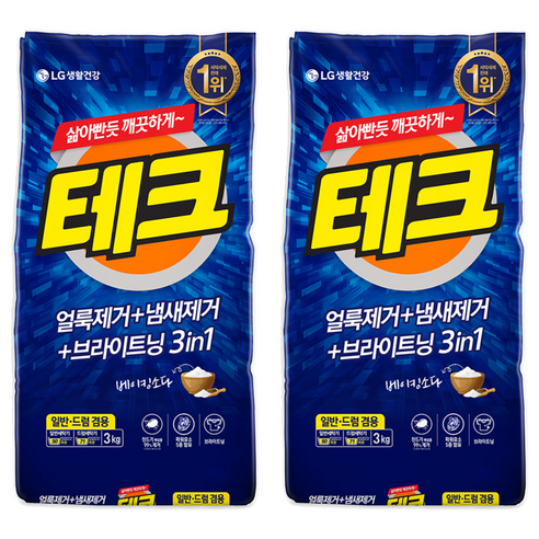 테크 3 in 1 일반드럼 겸용 분말 세탁세제 리필, 3kg, 2개