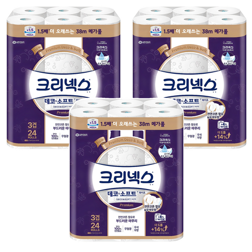 크리넥스 데코 앤 소프트 화이트 천연펄프 3겹 고급롤화장지, 38m, 24개입, 3개