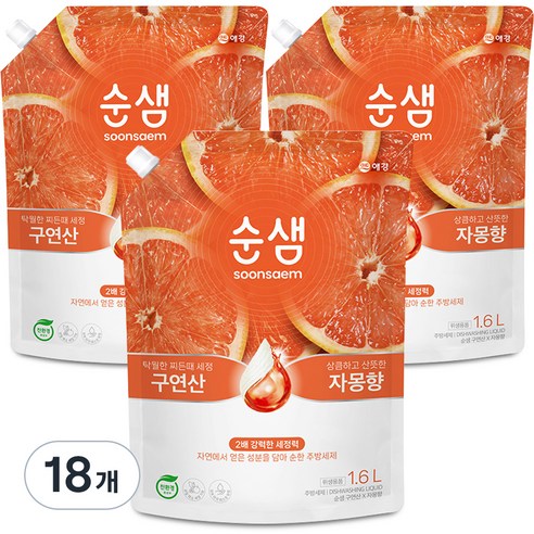 순샘 구연산 자몽 주방세제 리필, 1.6L, 18개