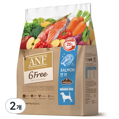 ANF 생후 4개월 이상 식스프리 인도어 독 건식사료, 연어, 2kg, 2개