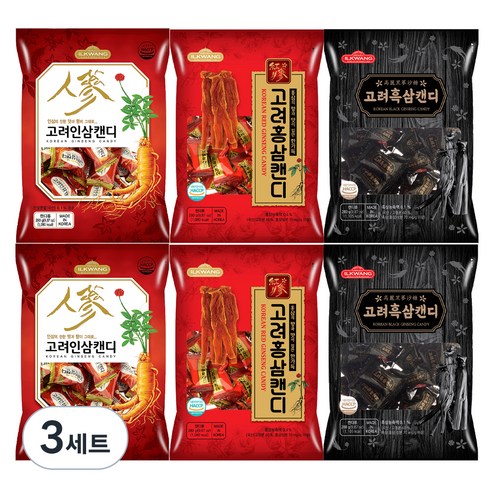 일광제과 고려홍삼캔디 280g x 2p + 고려인삼캔디2 280g x 2p + 고려흑삼캔디 280g x 2p, 1.68kg, 1세트