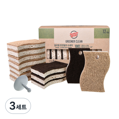 3M 스카치브라이트 그리너클린 플러스 천연펄프 수세미 걸이형 믹스 강력4p + 스크래치 방지용8p 세트, 12개입, 3세트