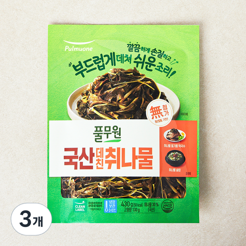풀무원 국내산 데친 취나물, 3개, 430g(고형량 130g)