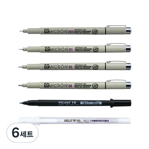 PIGMA 망가 6본 만화 그리기용 펜 세트, 혼합색상, 6세트