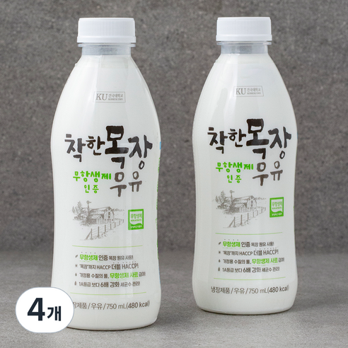 건국유업 무항생제 인증 착한목장 우유, 750ml, 4개