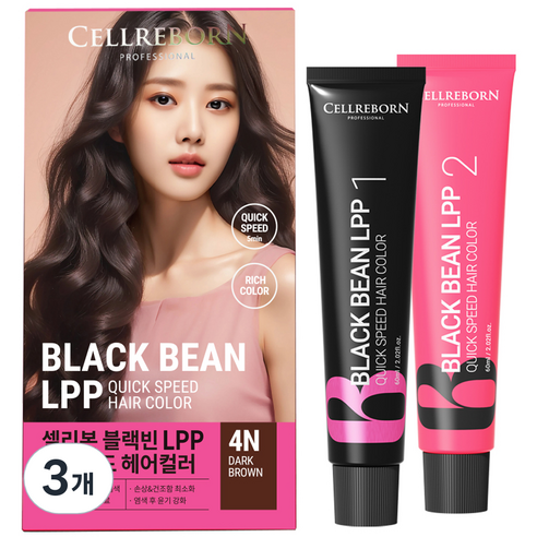 셀리본 블랙빈 LPP 퀵스피드 헤어컬러 염색 염모제 60ml + 산화제 60ml 세트, 4N 다크 브라운, 3개