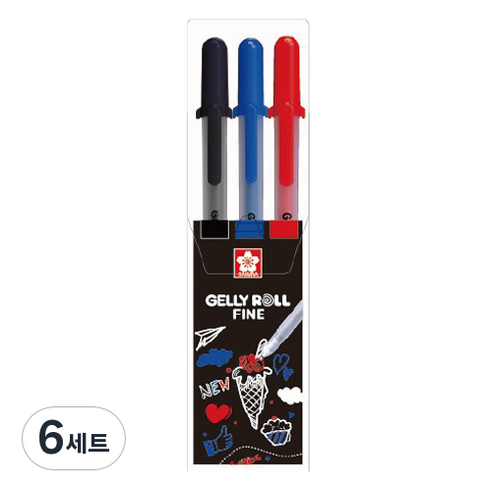 겔리롤 사쿠라 파인 3종 세트 0.6mm, 블랙, 블루, 레드, 6세트
