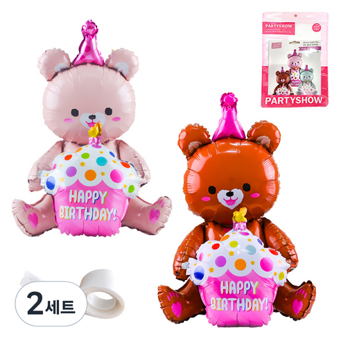 파티쇼 생일파티 곰돌이 은박 풍선 컵케익 2p + 글루닷 접착 스티커 세트, 핑크(곰돌이 은박 풍선), 브라운(곰돌이 은박 풍선), 2세트