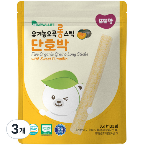 또또맘 유아용 유기농 오곡 롱스틱 과자 30g, 3개, 단호박맛