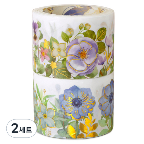 인디케이 보태닉 플라워 마스킹 테이프 3cm x 3m 2종 세트, 퍼플, 블루, 2세트