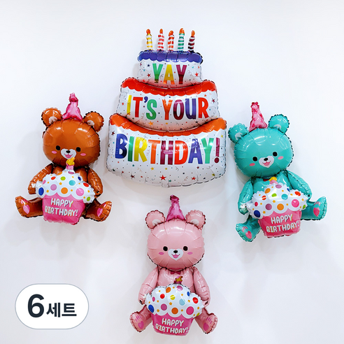 파티공구 곰돌이 생일 컵케이크 풍선 4종 세트, 혼합색상, 6세트