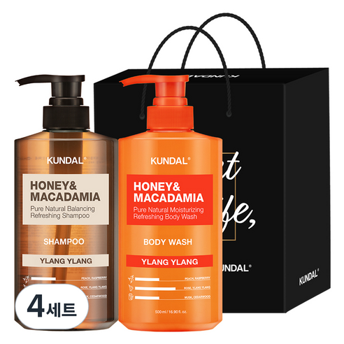 쿤달 샴푸 500ml + 바디워시 500ml 2구 선물세트 E 일랑일랑 + 쇼핑백 블랙, 4세트