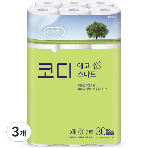 코디 3겹 에코 스마트 롤화장지 22m, 30롤, 3개